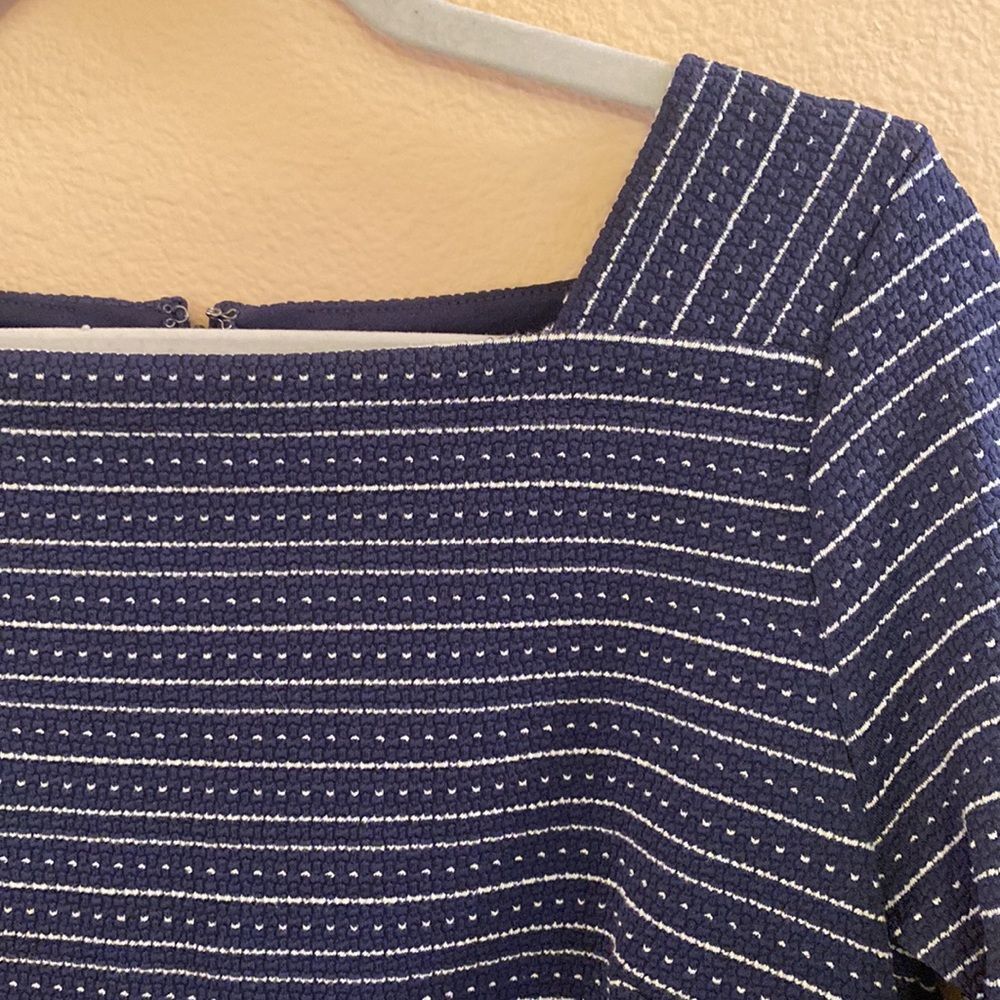Loft Textured‎ Knit Blue White Striped Square Neck Shift Dress 3/4 Sleeves Sz S - Picture 6 of 10
